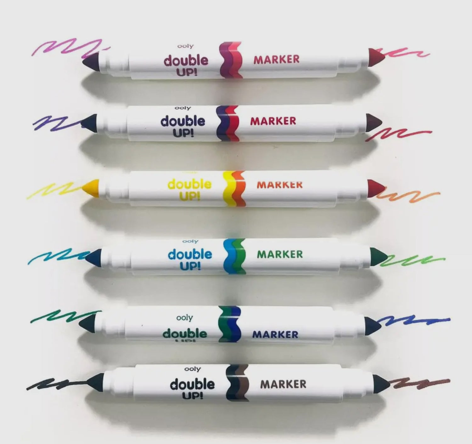 Double Up! Double Ended Markers - Set of 6/12 Colors These durable, versatile markers for kids have two different colors - one on each end. So while there are six markers in the set, there are actually 12 colors in total. Their handy design makes Double Up! Double Ended Markers - Set of 6/12 Colors  convenient for travel, so your kiddo can have the tools they need when they&