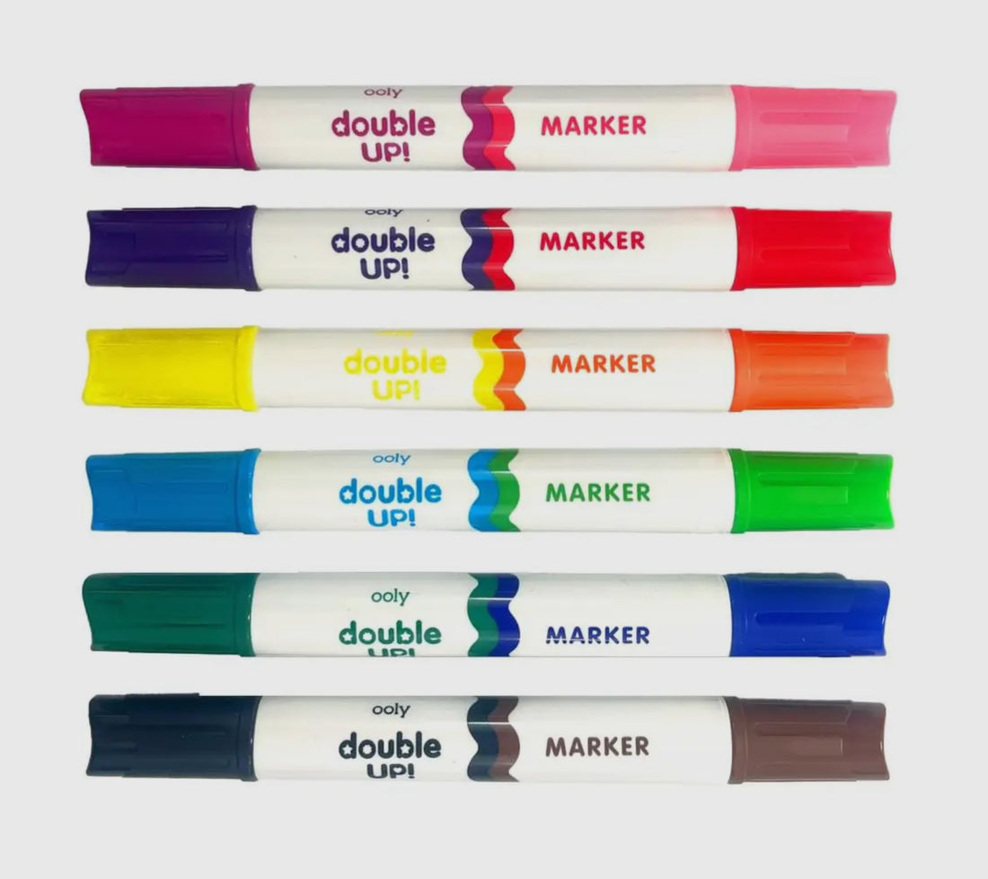 Double Up! Double Ended Markers - Set of 6/12 Colors These durable, versatile markers for kids have two different colors - one on each end. So while there are six markers in the set, there are actually 12 colors in total. Their handy design makes Double Up! Double Ended Markers - Set of 6/12 Colors  convenient for travel, so your kiddo can have the tools they need when they&