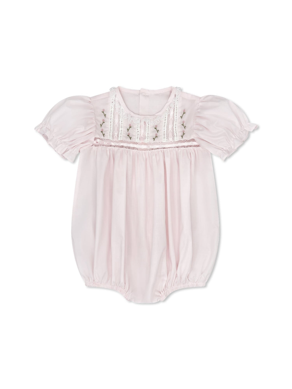 The Elizabeth Bubble in Pink Batiste is a stunning, delicate piece crafted with soft fabric. Featuring beautiful ribbon accents, delicate lace, and intricate floral details, this bubble is a perfect choice for special occasions or a sweet everyday look. Its timeless design adds a touch of elegance to any little one&