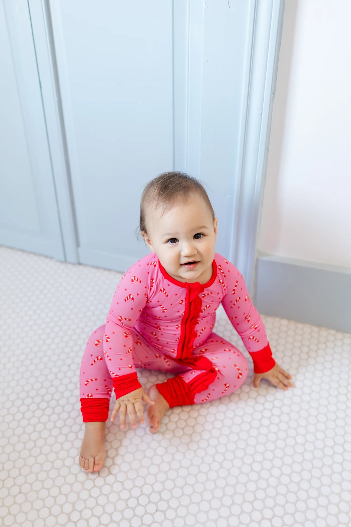 Pink Candy Cane Ruffle Romper