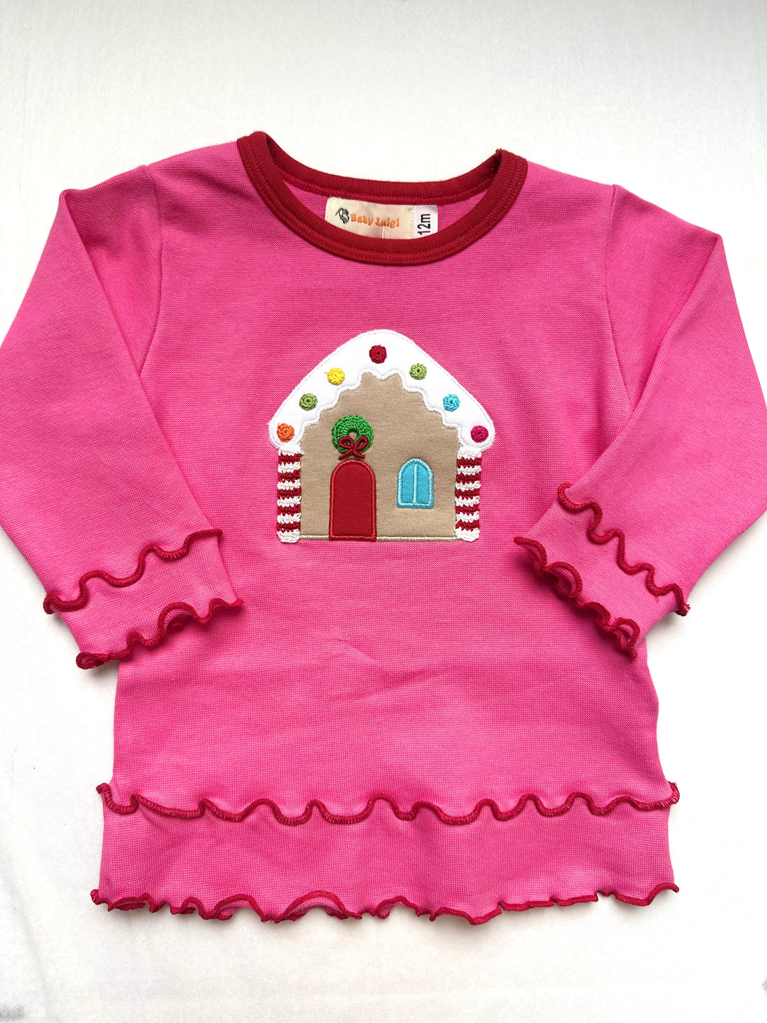 Gingerbread House Pink &amp; Red Double Lettuce Edge Hem Top