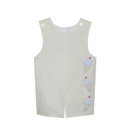 Sweeten the season with our Hayes Shortall, embroidered with a trio of colorful ice cream cones on buttery pastel yellow. Designed for your little guy’s warm-weather adventures, this set is crafted in lightweight cotton with easy button straps and inner leg snaps for quick changes. Whether it’s a trip to the park or a birthday bash, this shortall serves up smiles by the scoop.