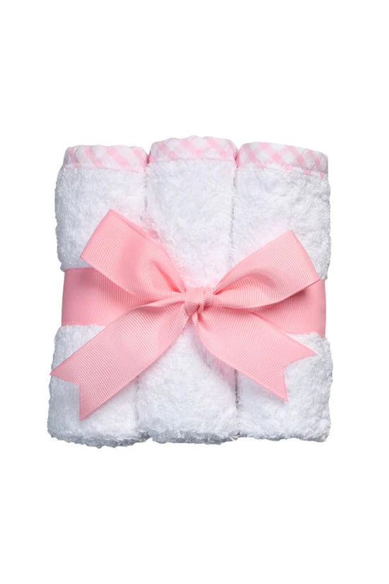 Set of Three Washcloths, Pink Seersucker Big Check