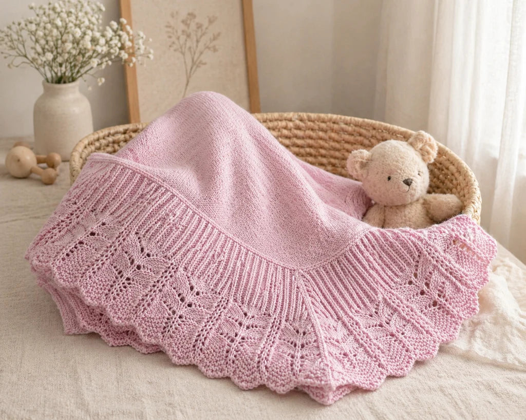 Cotton Jersey Baby Blanket with Knitted Scallop Lace Border