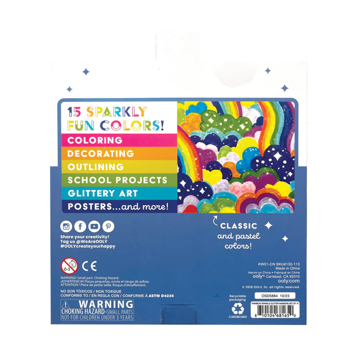 Rainbow Sparkle Glitter Markers - Set of 15