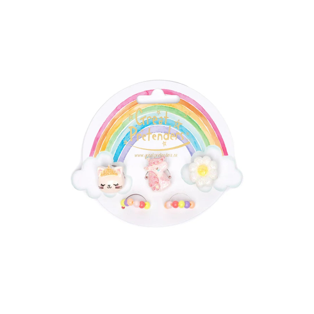 Flower, Kitty, Unicorn Elastic 5 Pc Ring Set