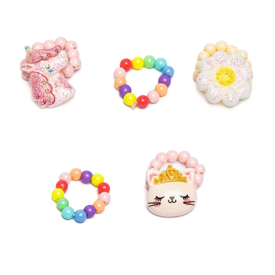 Flower, Kitty, Unicorn Elastic 5 Pc Ring Set