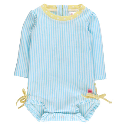 Seersucker Long Sleeve One Piece Rash Guard Swimsuit