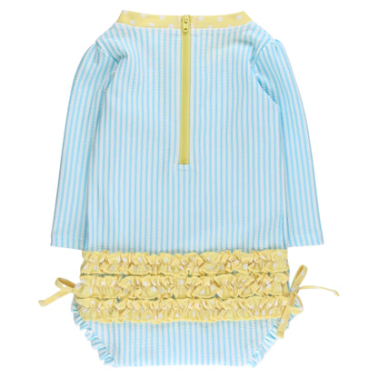 Seersucker Long Sleeve One Piece Rash Guard Swimsuit