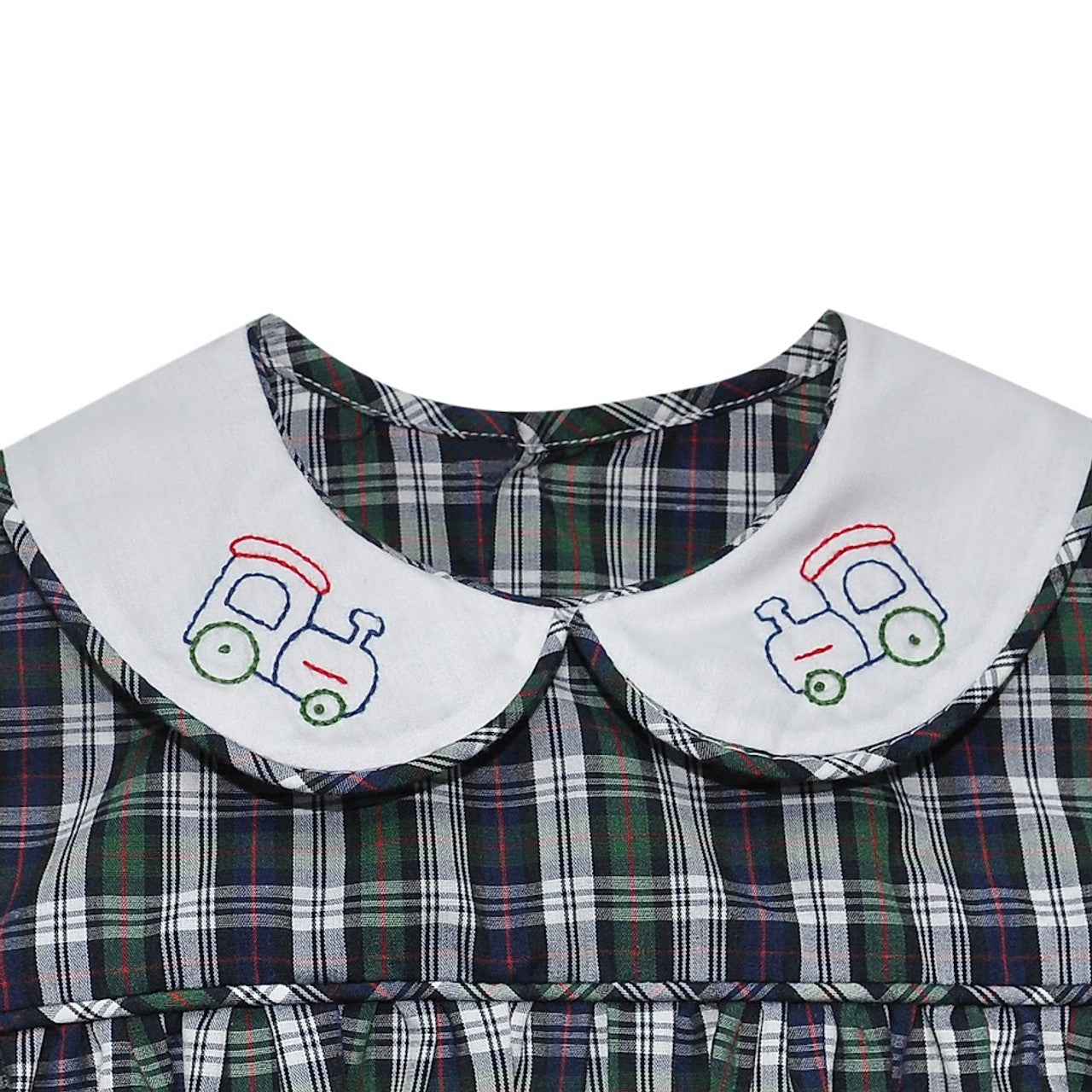 Navy Plaid Sawyer Train Embroidery Bubble