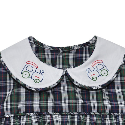 Navy Plaid Sawyer Train Embroidery Bubble