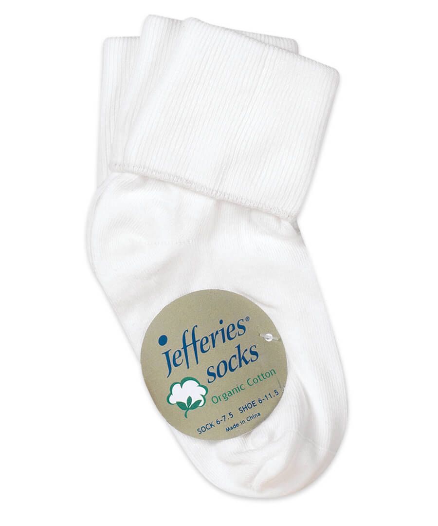 This soft and durable organic cotton sock is ideal for anyone with sensitive feet. These socks have a smooth toe that provides extra comfort for anyone with foot sensitivities and sensory concerns. Wear these with girls and boys school uniforms or every day for a classic look. Wear folded over as a turn cuff or straight up as a crew sock. Ribbed cuff helps these socks stay in place for all day wear. Size Large fits womens shoe size 6-9.