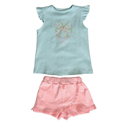 Lace Bow Embroidery Pink &amp; Blue Stripe Short Set