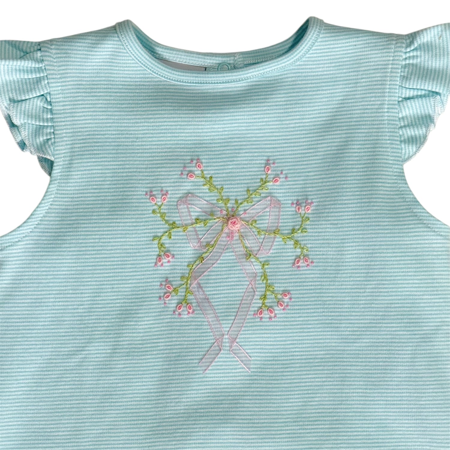 Lace Bow Embroidery Pink &amp; Blue Stripe Short Set