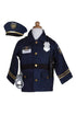 Police officer set includes: Jacket, Hat, Handcuffs, Walkie Talkie, Badge, and Name Badge.