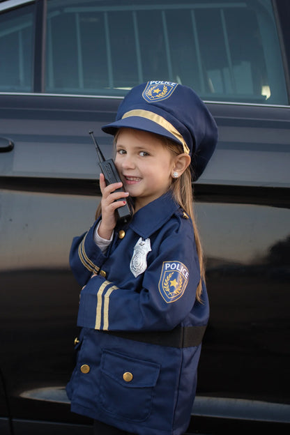 Police officer set includes: Jacket, Hat, Handcuffs, Walkie Talkie, Badge, and Name Badge.