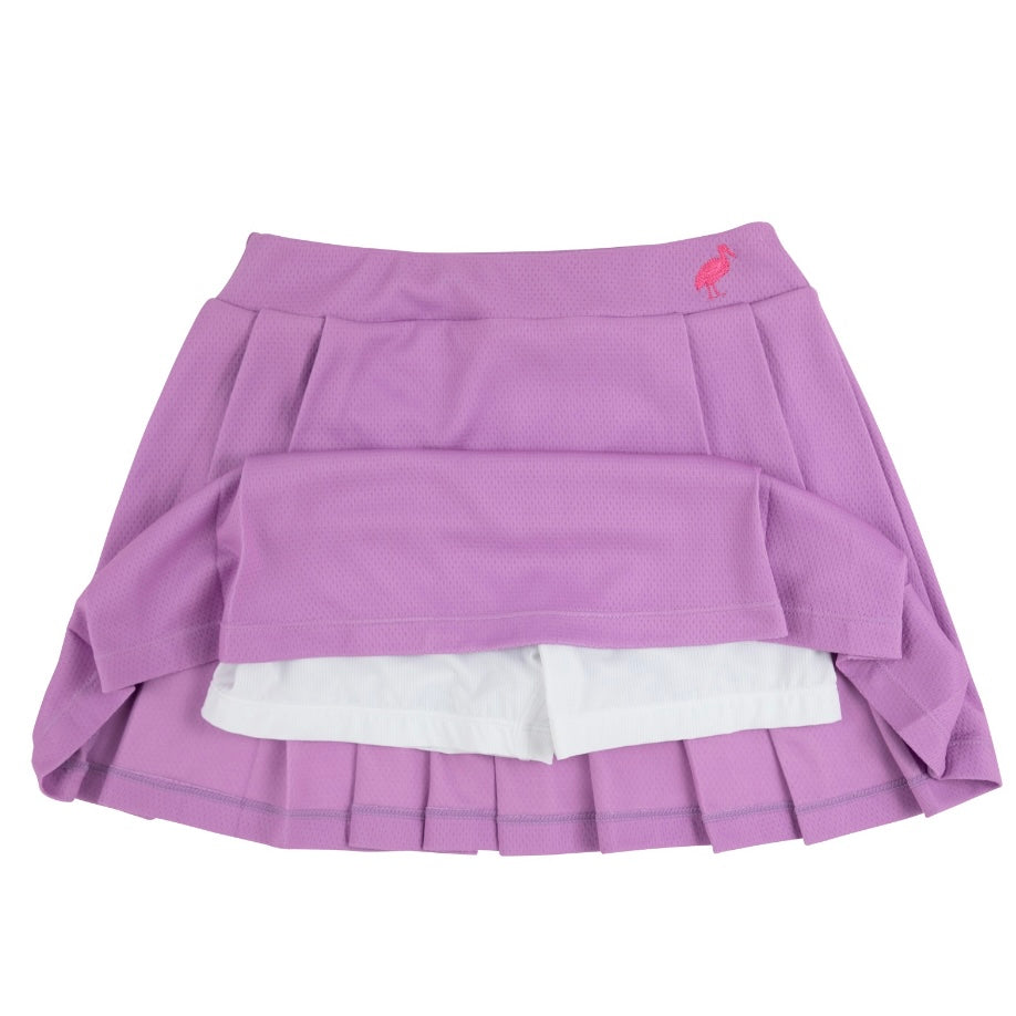 We are so excited for our newest Prepletic™ style, the Sammy Sport Skort in Valley High Violet with Romany Rose stork. From the pleated details to the built in shorts, your little girl is sure to be stylish on and off the court! 
