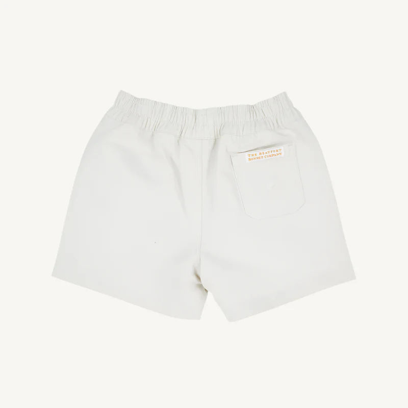 Our Sheffield Shorts in Saratoga Stone with Saratoga Stone Stork are preppy and practical! The elastic waist makes diaper changes and potty training so much easier, and you&
