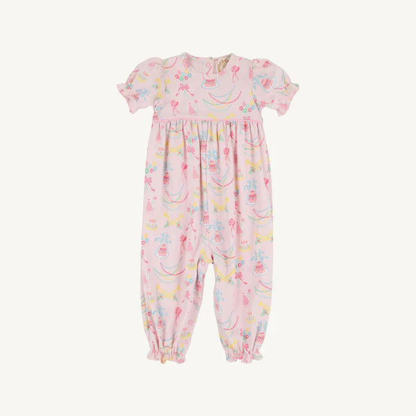 The Short Sleeve Britt Romper in Golden Birthday with Pier Party Pink is too cute for all of your little girl&