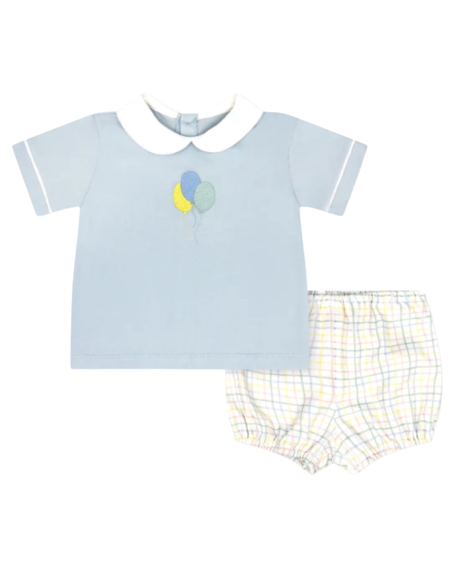 Bluffton blue knit top with white piping and balloon embroidery on the chest with custom party time plaid woven bloomers.