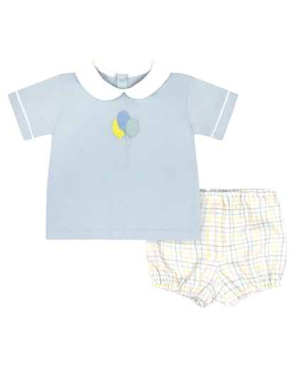 Bluffton blue knit top with white piping and balloon embroidery on the chest with custom party time plaid woven bloomers.