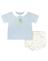 Bluffton blue knit top with white piping and balloon embroidery on the chest with custom party time plaid woven bloomers.