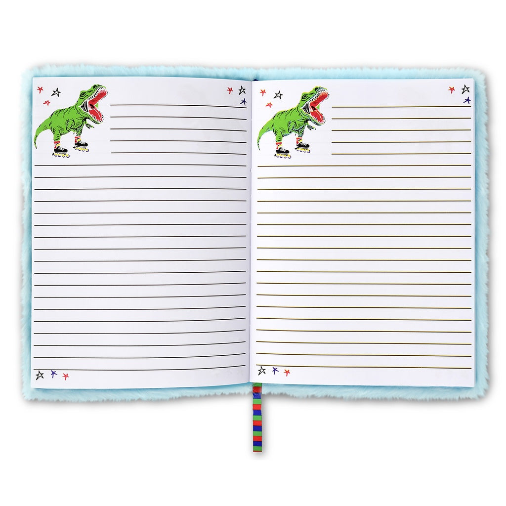 Introducing the Skating Dinosaur Furry Journal by Iscream. Perfect for young teens who love all things dinosaur, this luxurious journal boasts a furry cover with intricate embroidery. With 160 colorful lined pages, this bookbound journal is the perfect place for them to record their thoughts and dreams. Measures 6 1/4" W x 8 1/2" H. Unleash their creativity with this exclusive journal.