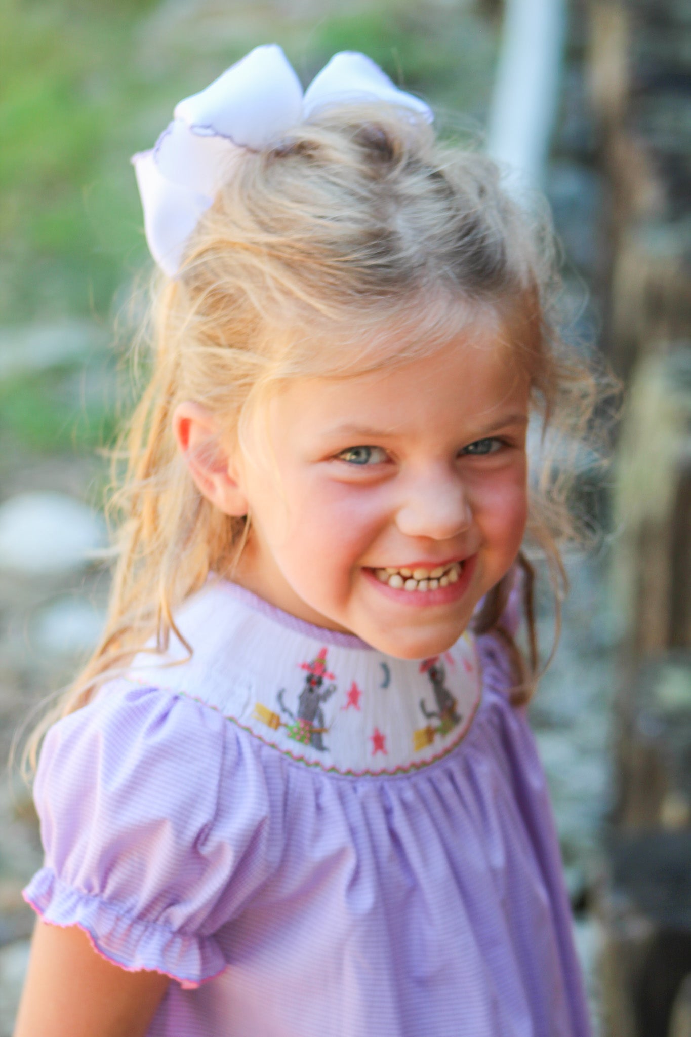 Smocked Halloween Cat Lavender Dress