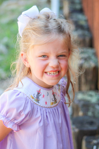Smocked Halloween Cat Lavender Dress